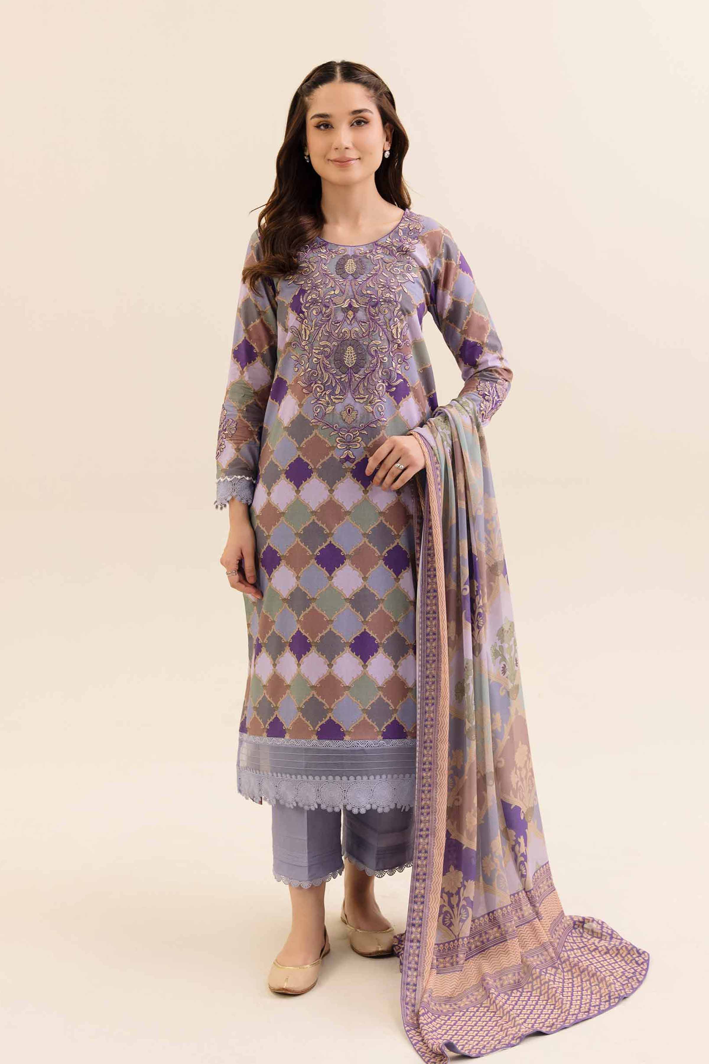 3 Piece - Printed Embroidered Suit - 42404141