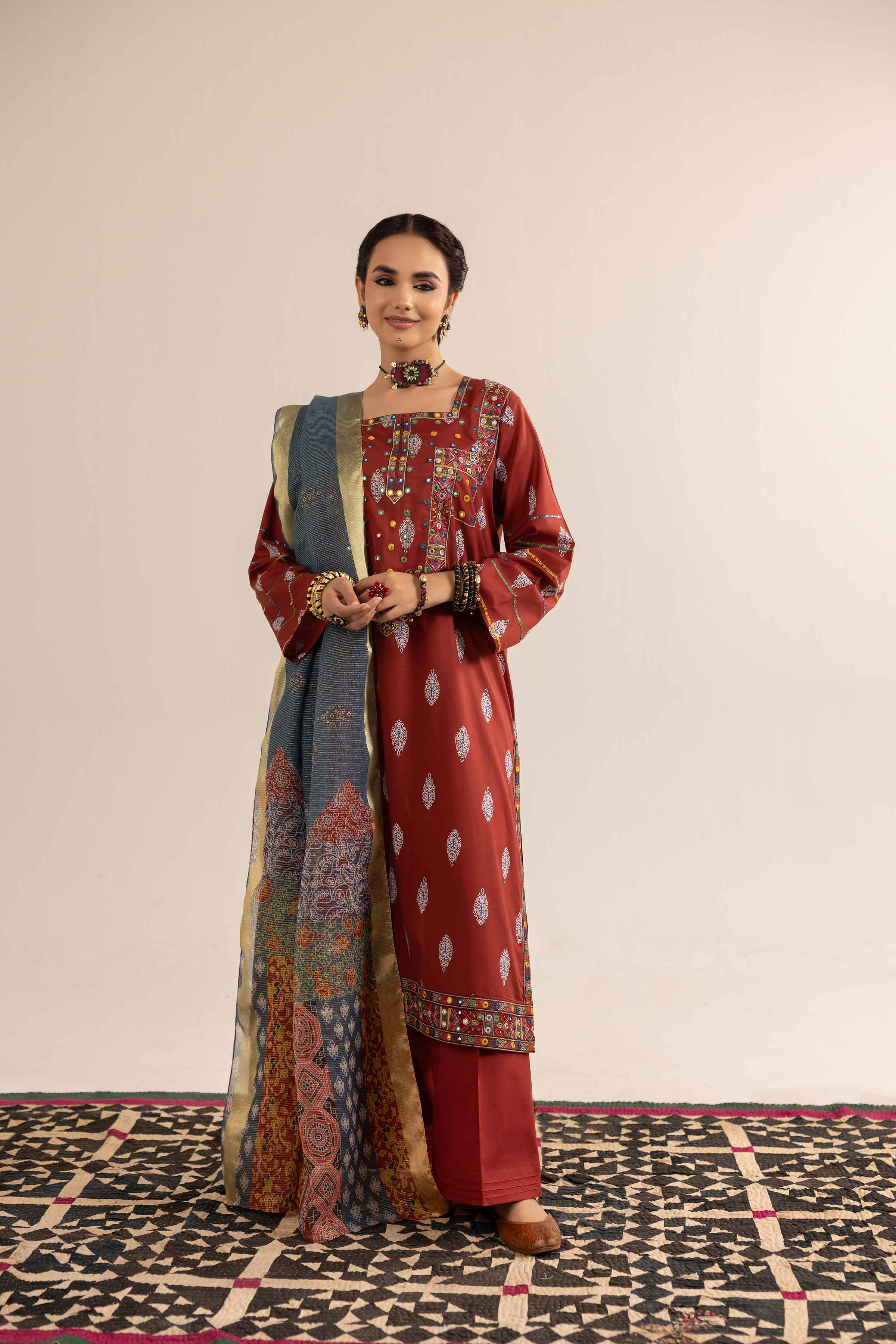 3 Piece - Printed Embroidered Suit - PE25-202 - Image 4