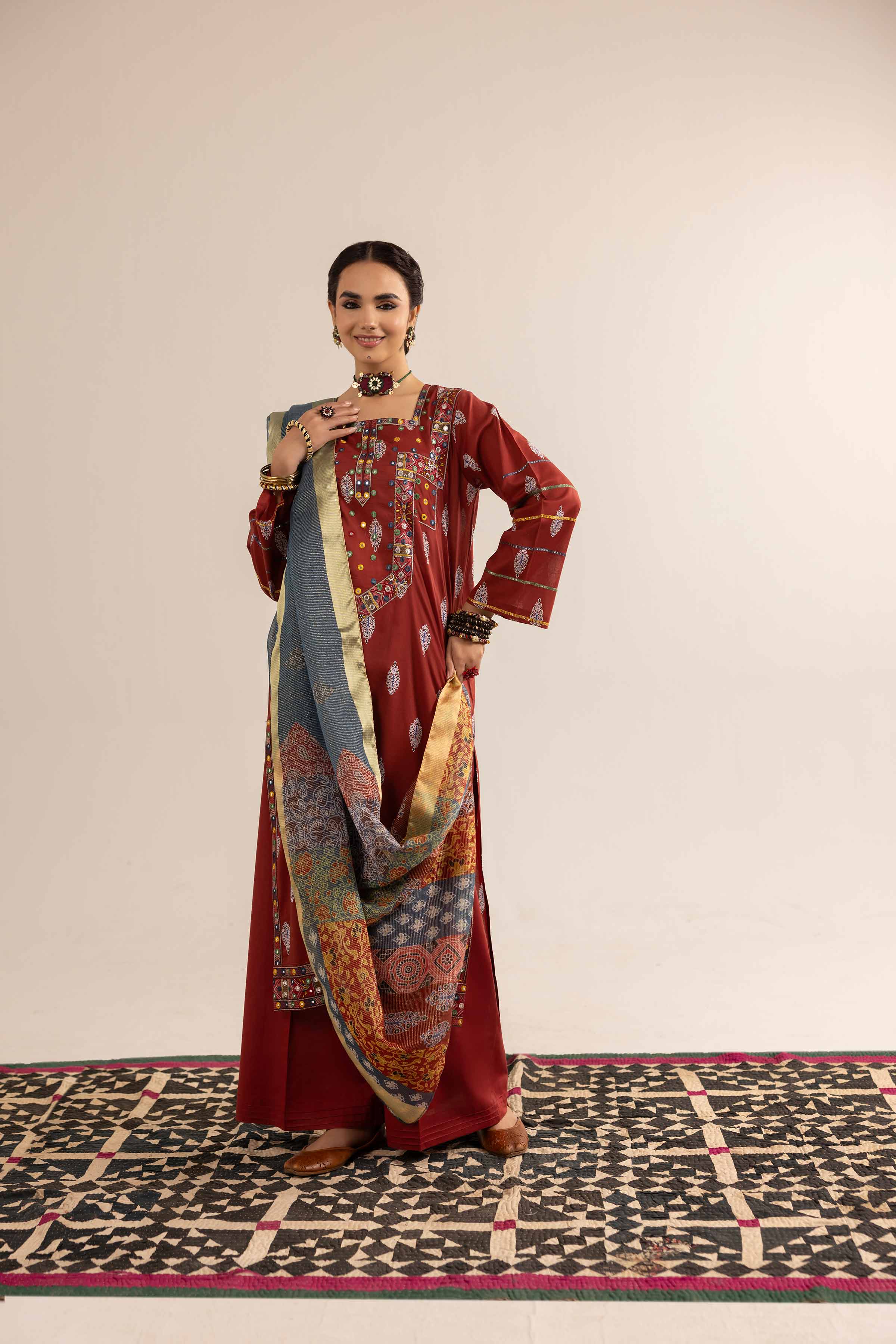 3 Piece - Printed Embroidered Suit - PE25-202 - Image 5