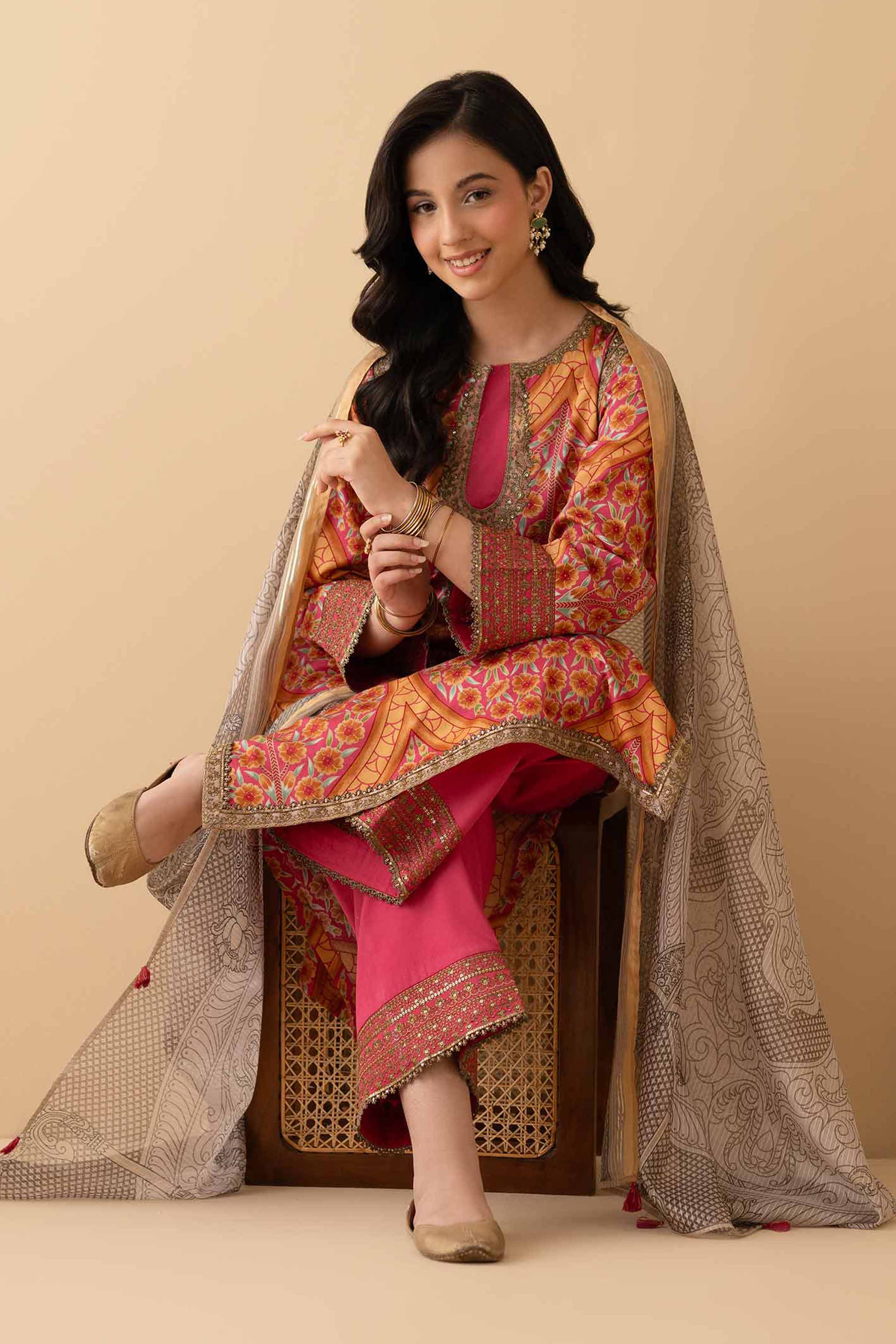 3 Piece - Printed Embroidered Suit - PE25-377 - Image 2