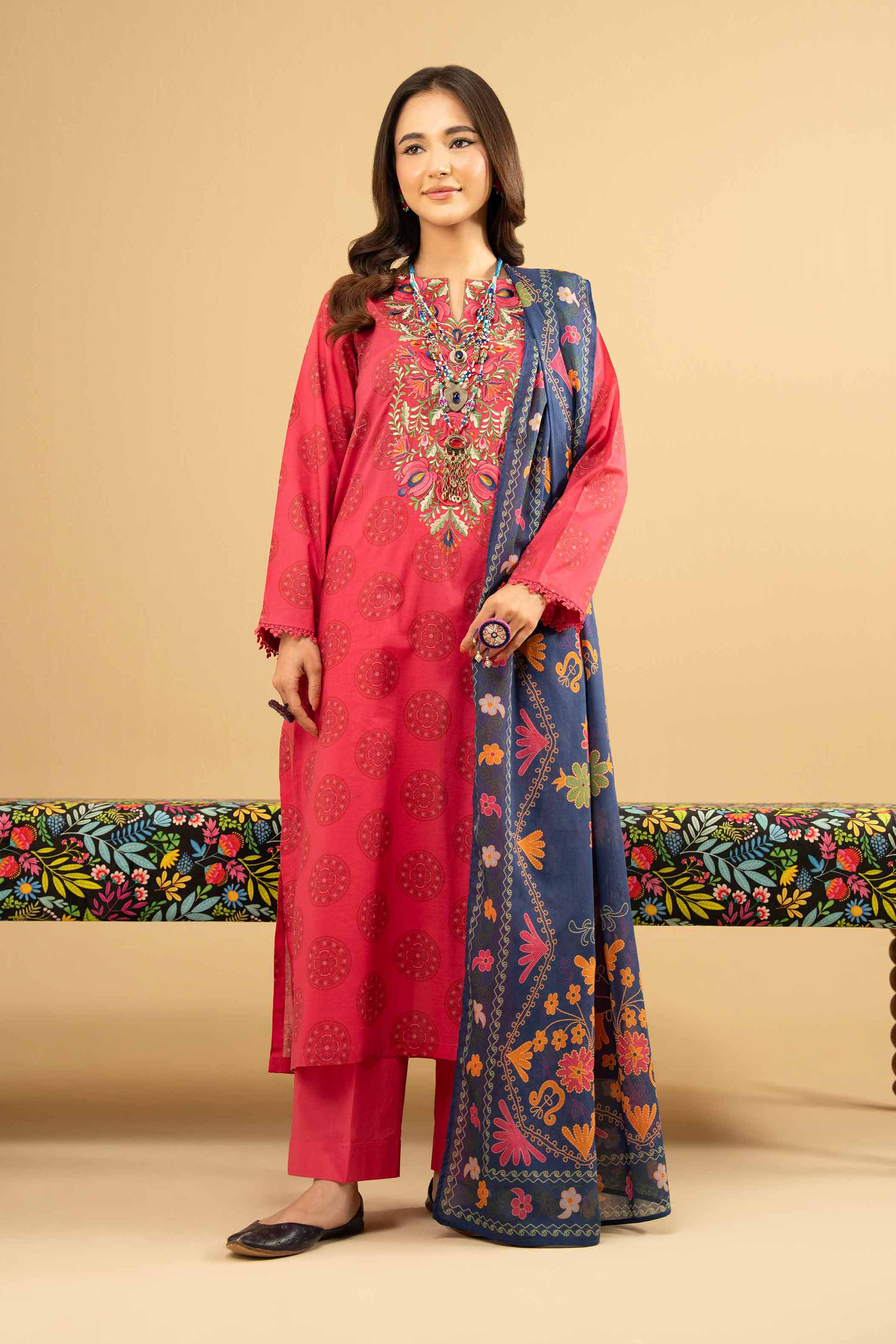 3 Piece - Printed Embroidered Suit - PE25-445