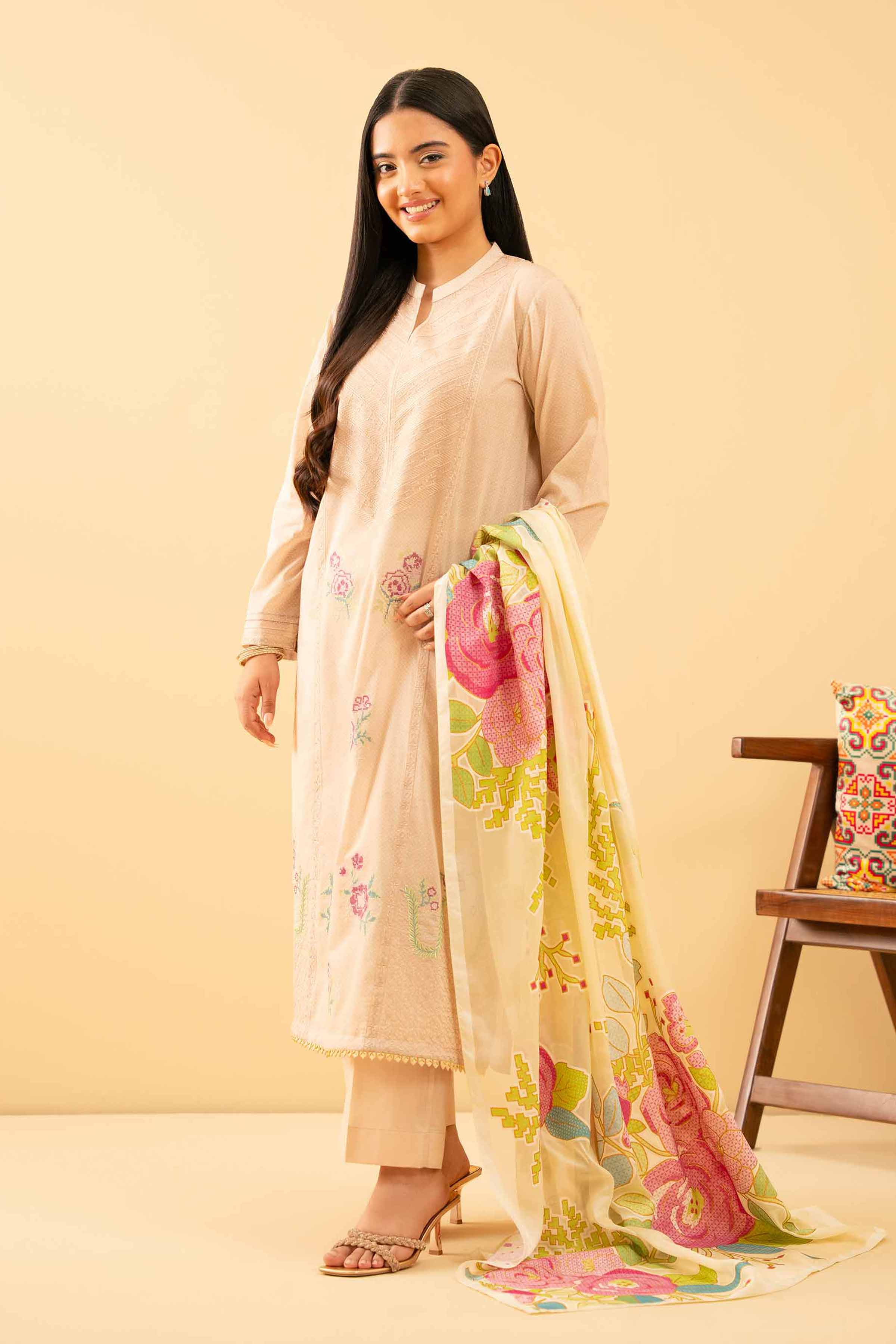 3 Piece - Printed Embroidered Suit - PE25-487