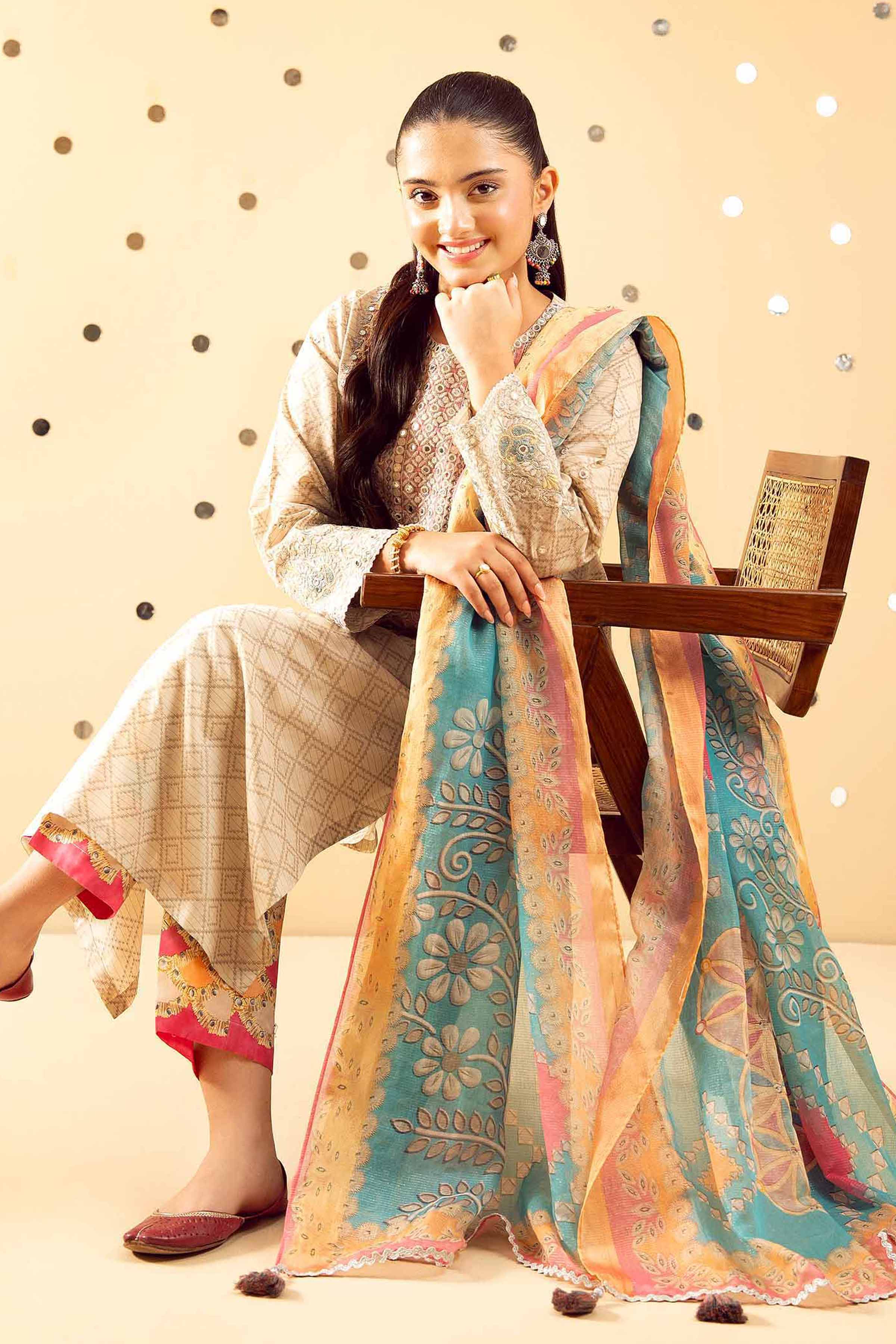 3 Piece - Printed Embroidered Suit - PE25-489 - Image 2