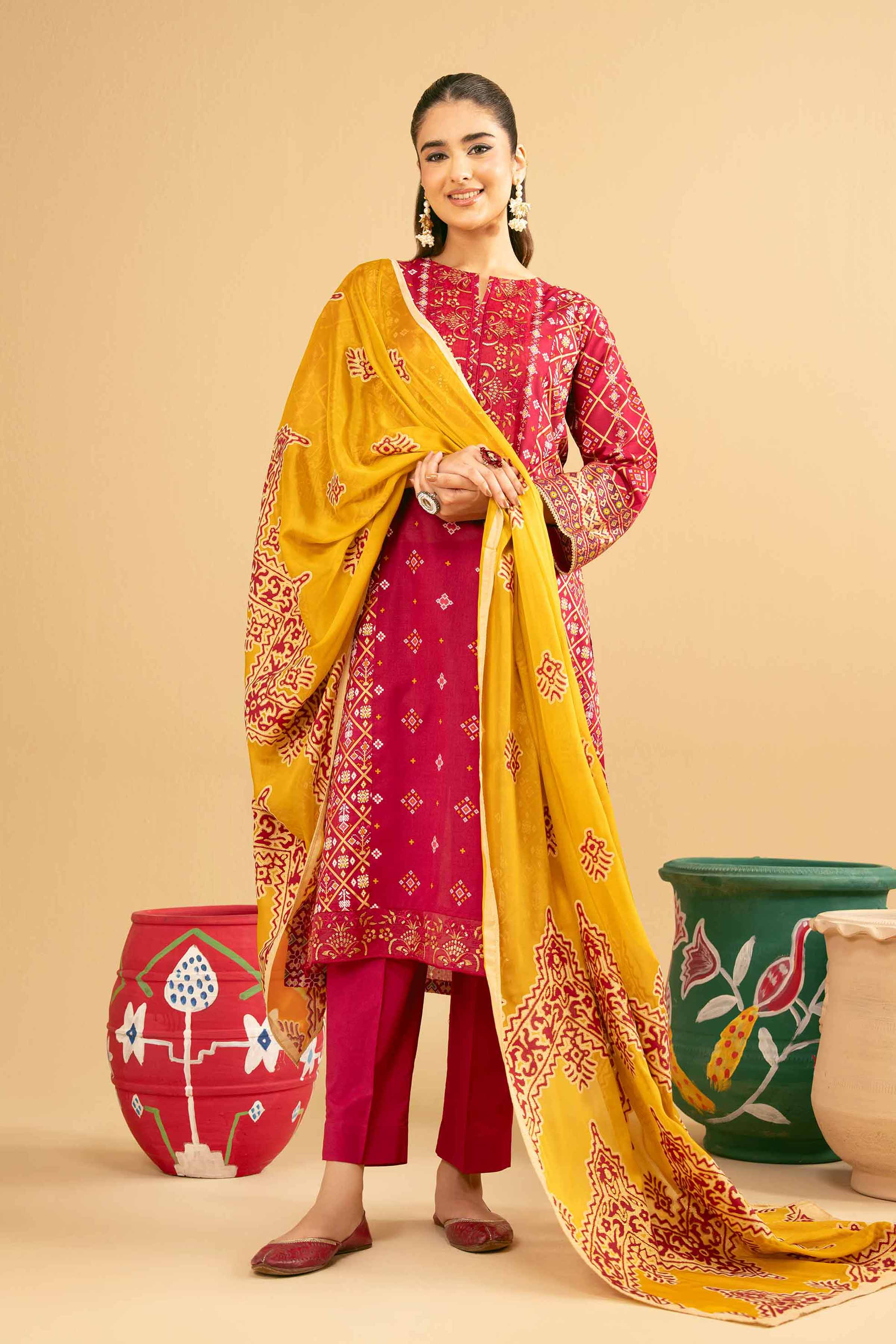 3 Piece - Printed Embroidered Suit - PE25-504