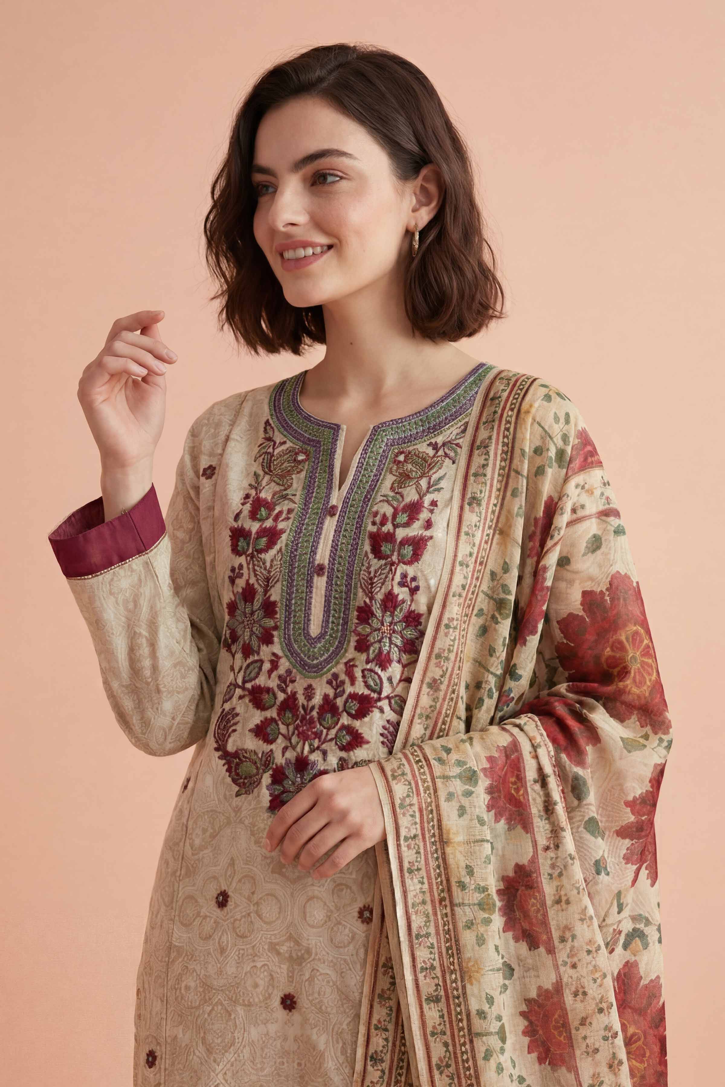 3 Piece - Printed Embroidered Suit - PE26-331 - Image 2