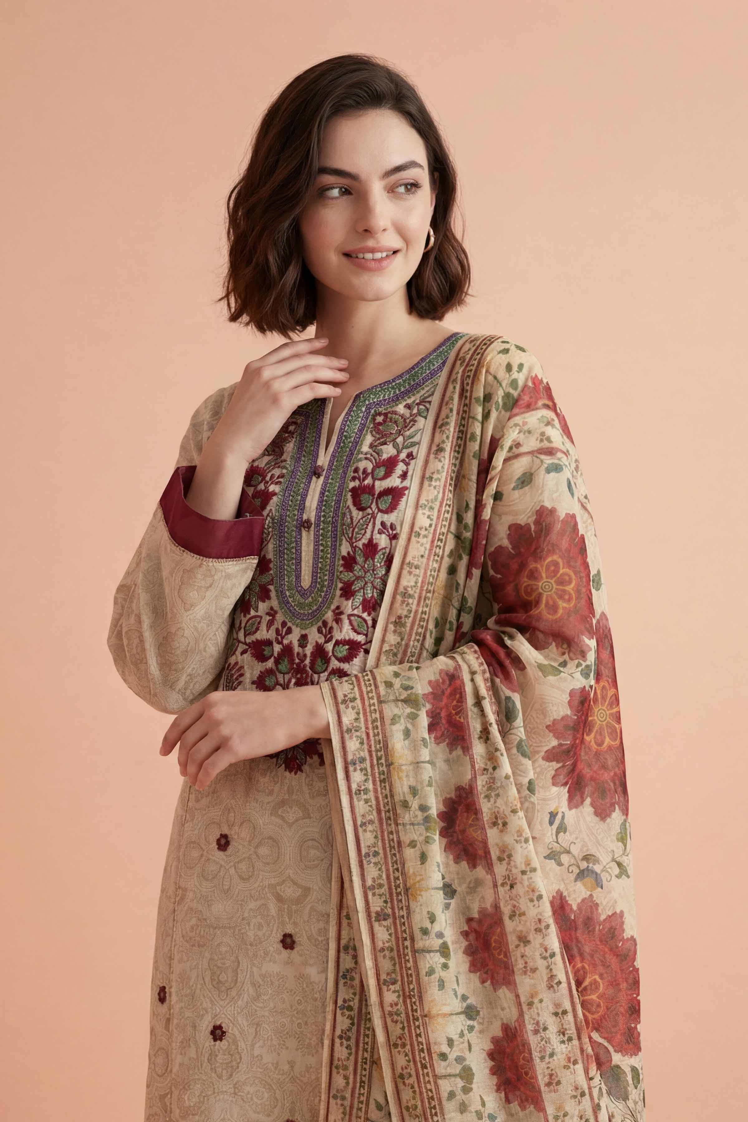 3 Piece - Printed Embroidered Suit - PE26-331 - Image 4