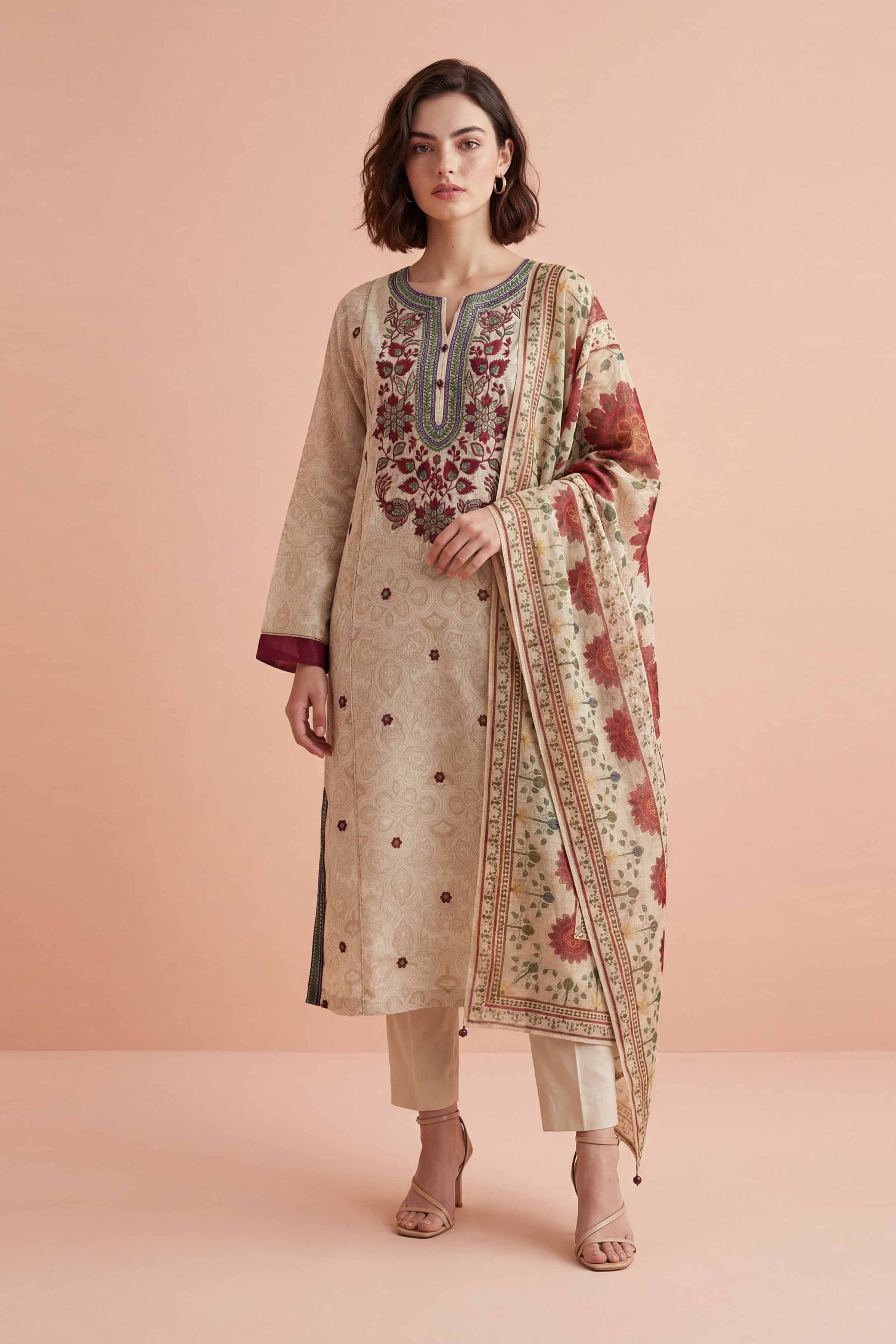 3 Piece - Printed Embroidered Suit - PE26-331 - Image 5