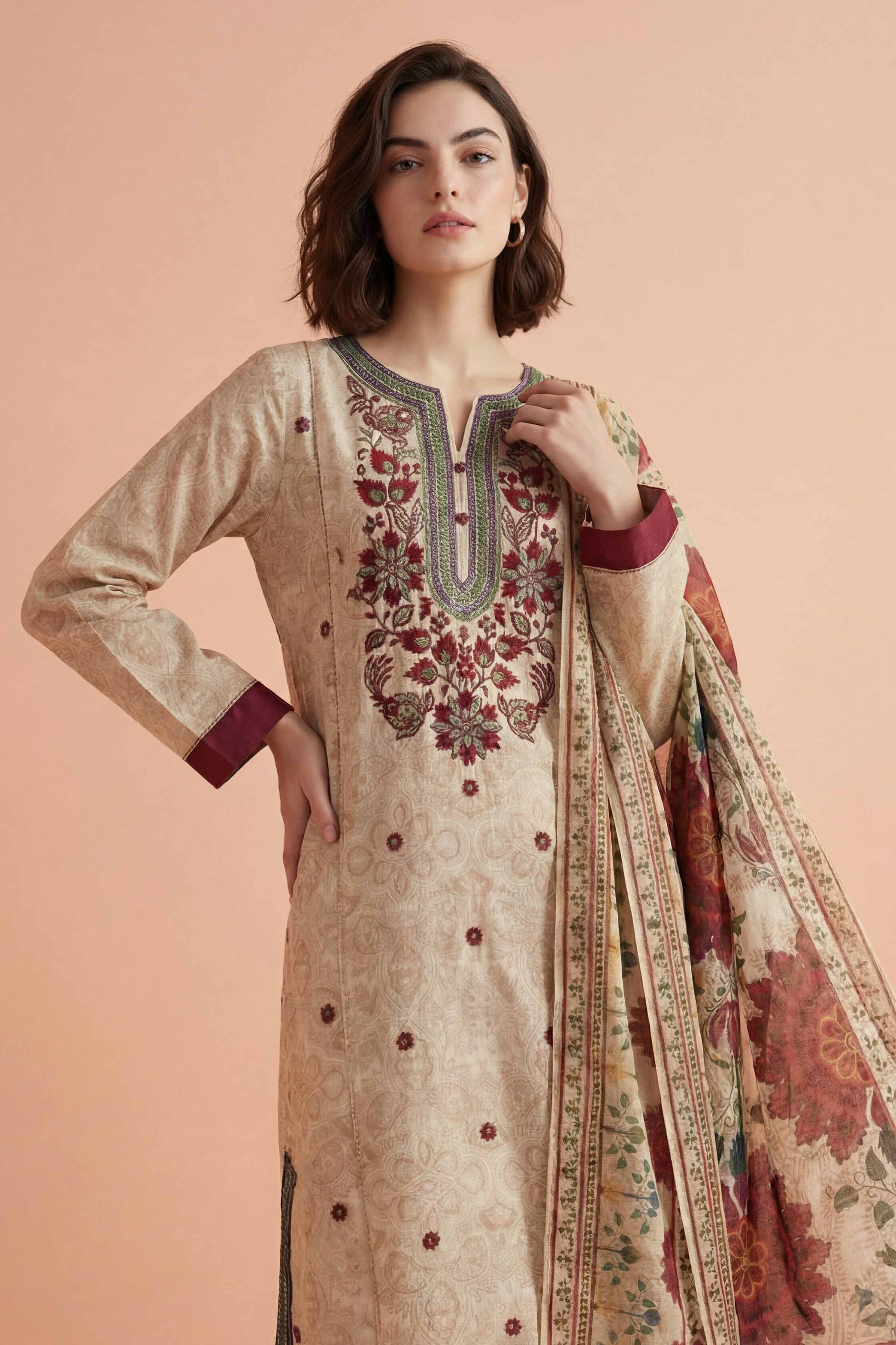 3 Piece - Printed Embroidered Suit - PE26-331 - Image 6