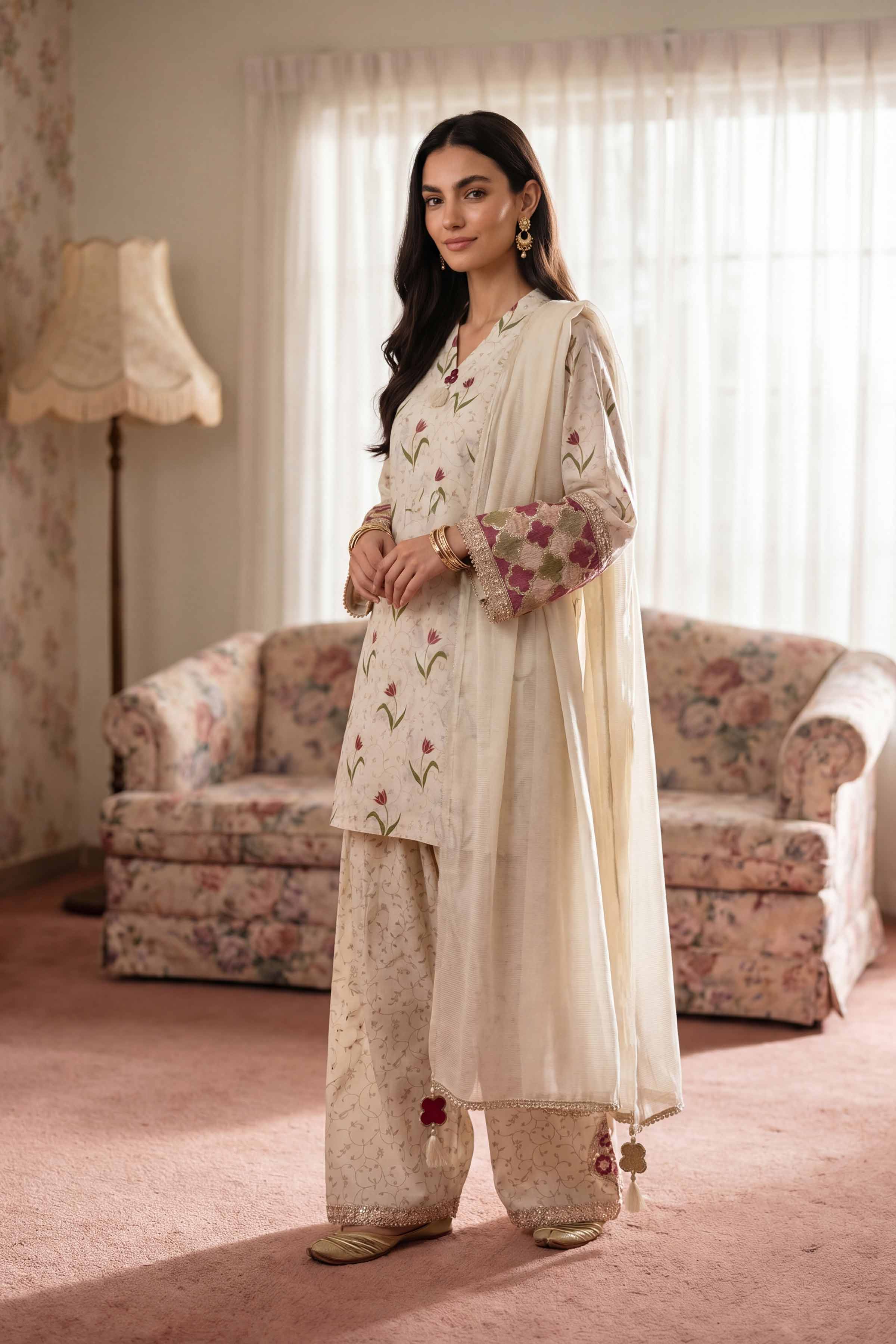 3 Piece - Printed Embroidered Suit - PMD26-45 D - Image 4