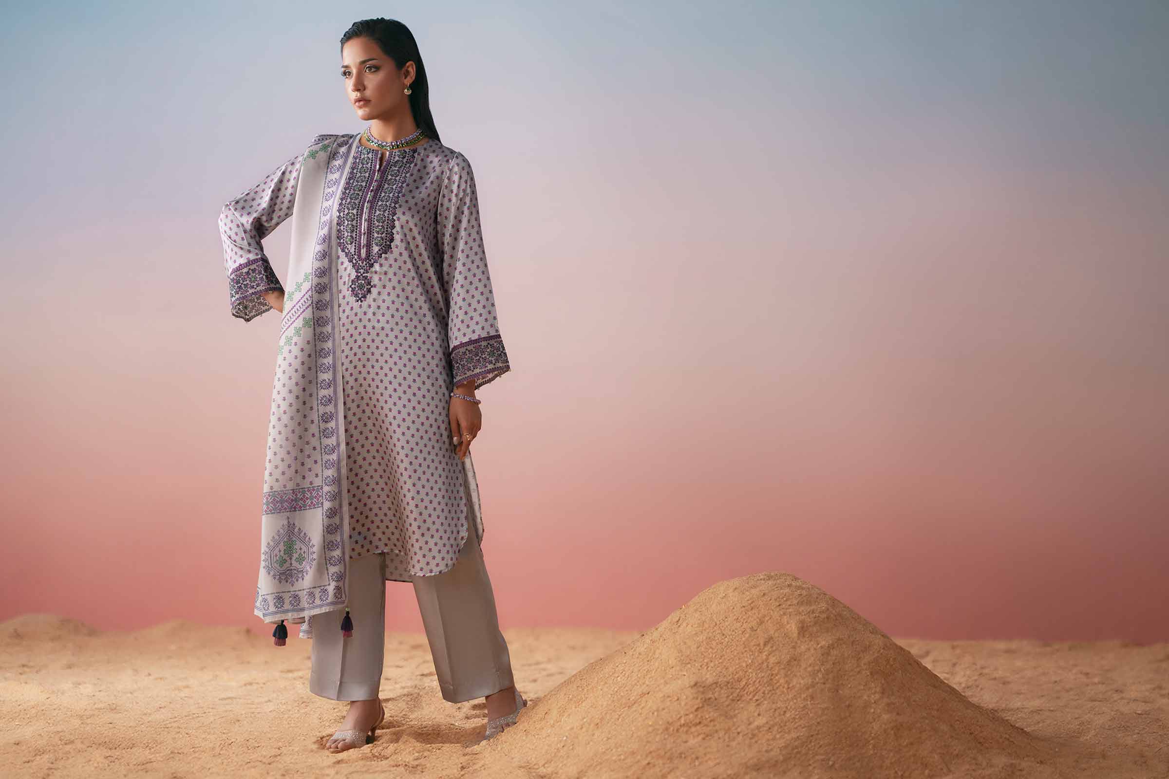 3 Piece - Printed Embroidered Suit - PW25-409 - Image 10