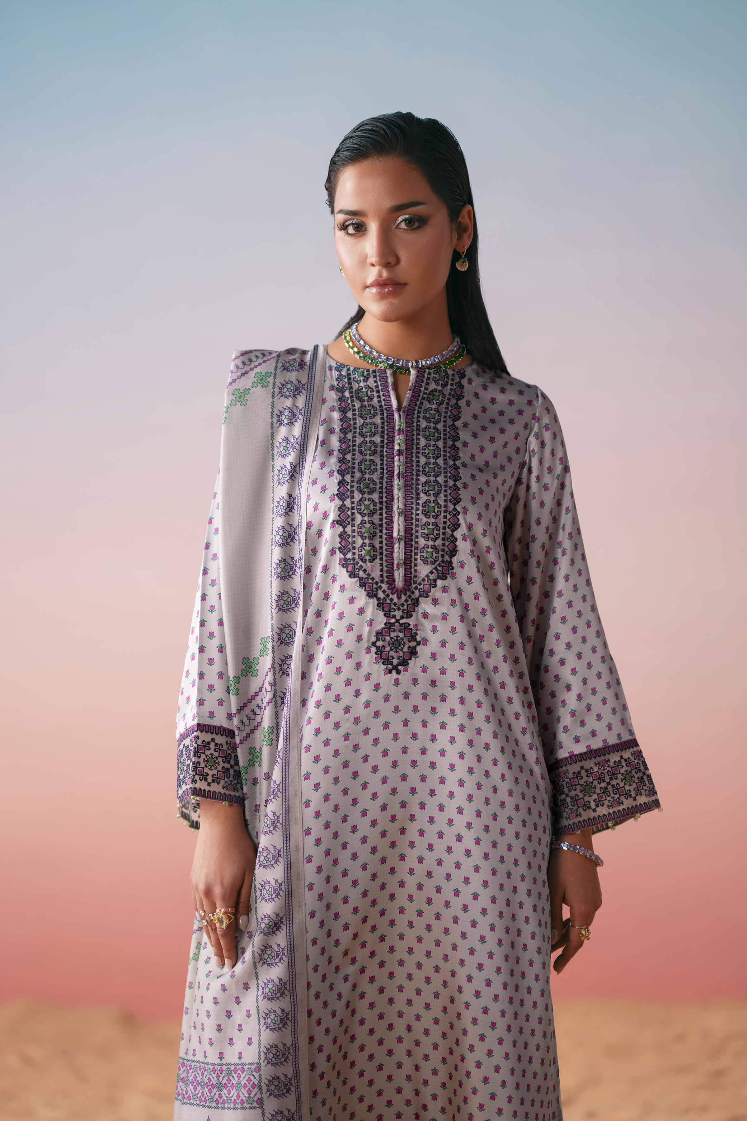 3 Piece - Printed Embroidered Suit - PW25-409 - Image 3