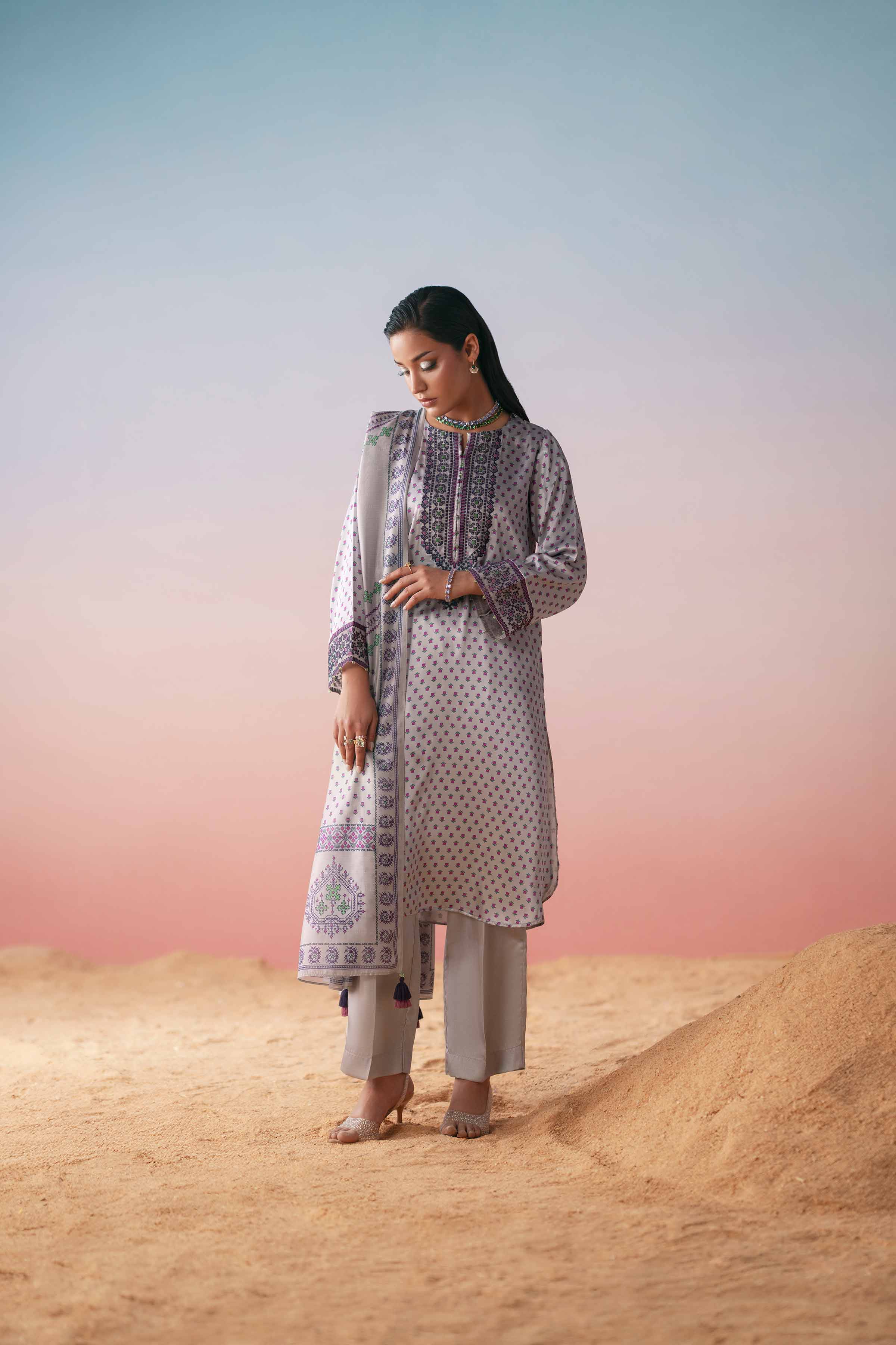 3 Piece - Printed Embroidered Suit - PW25-409 - Image 4