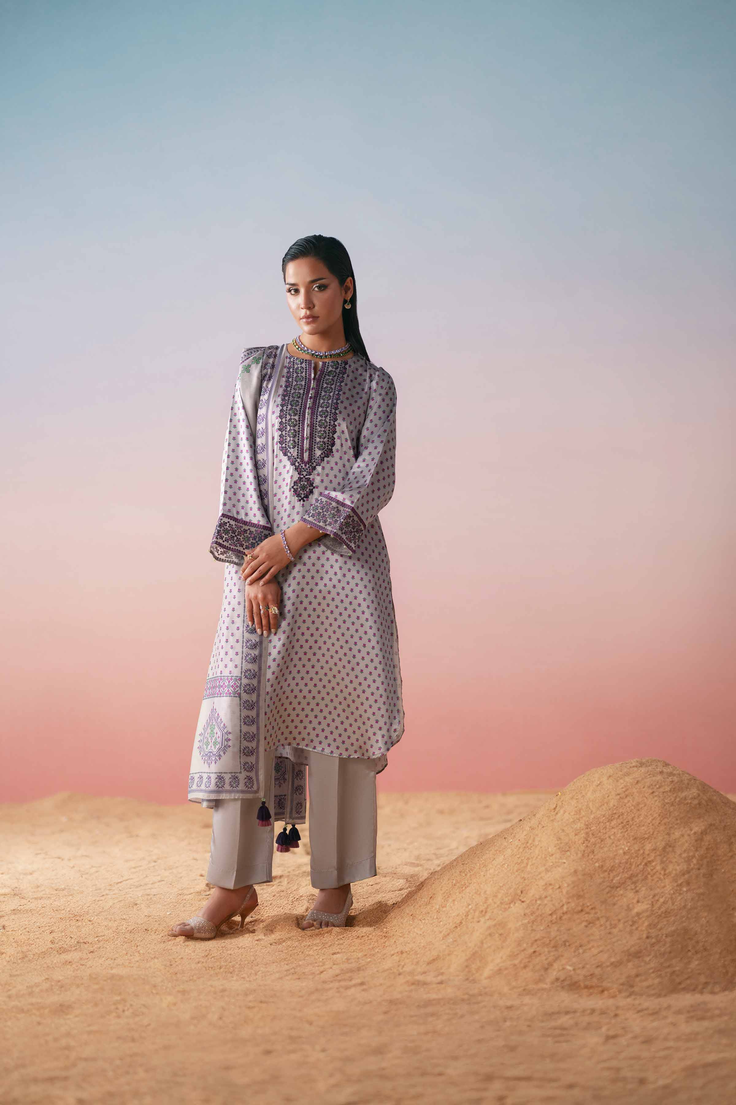 3 Piece - Printed Embroidered Suit - PW25-409 - Image 5