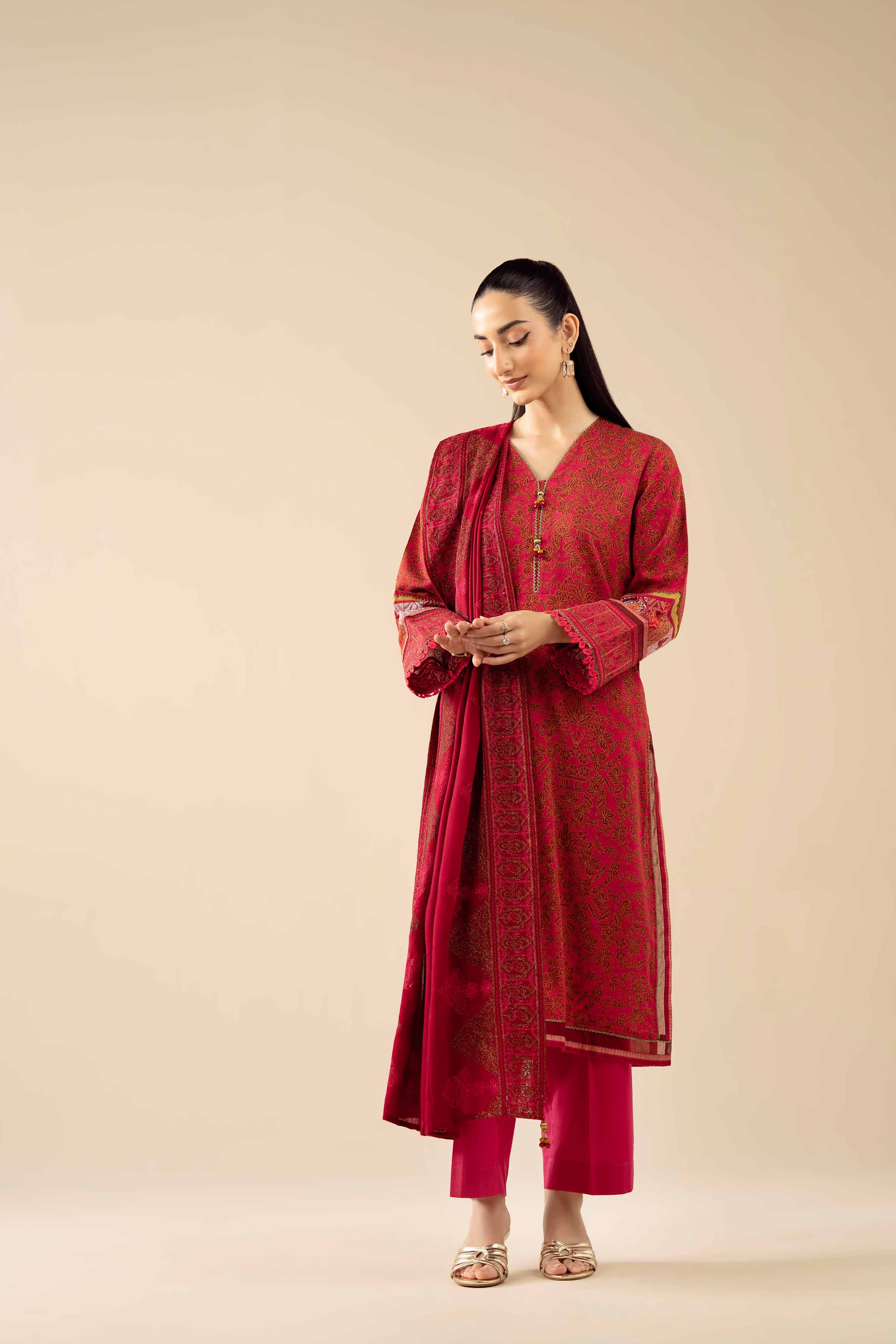 3 Piece - Printed Embroidered Suit - PW25-428 - Image 4