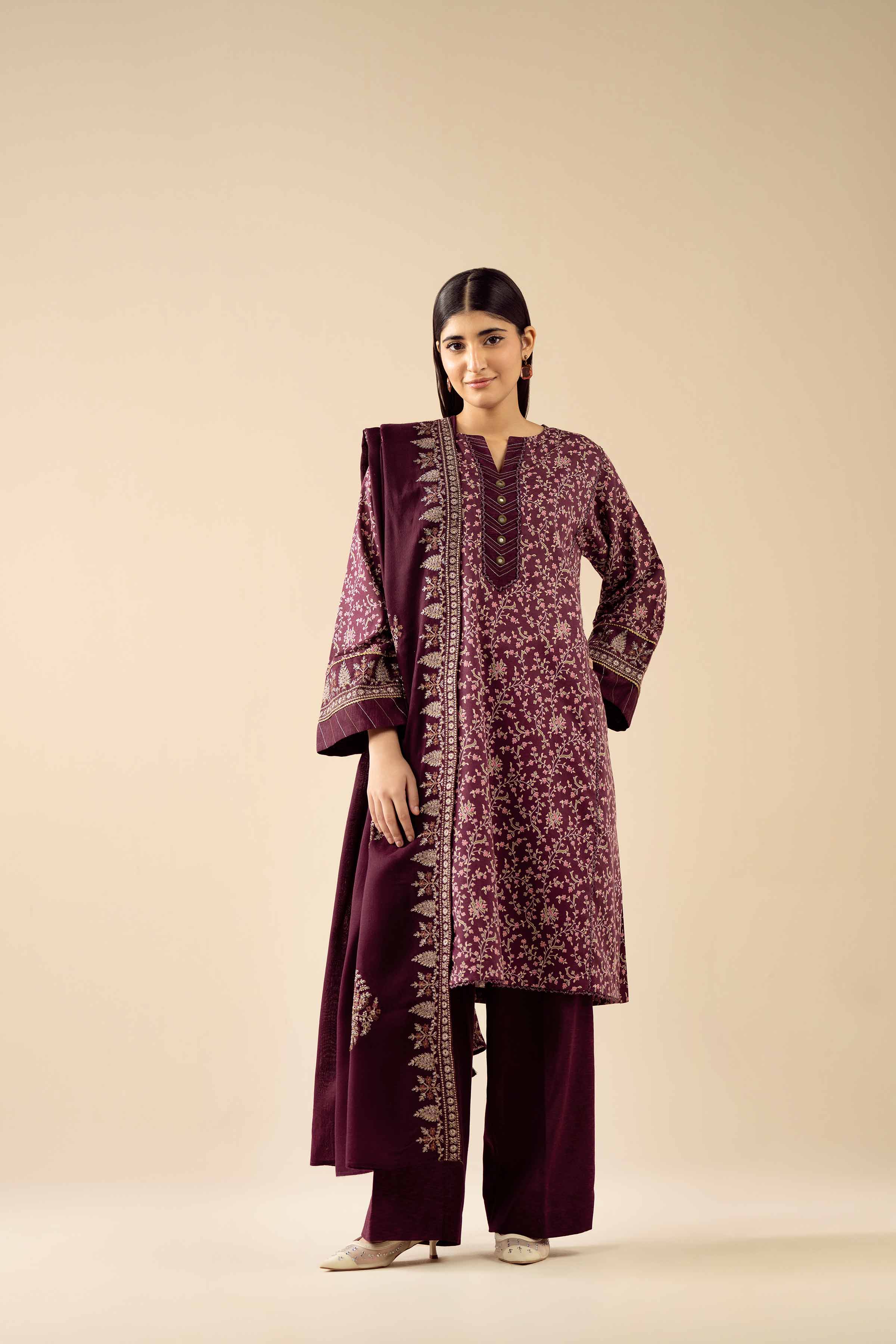 3 Piece - Printed Embroidered Suit - PW25-429 - Image 4
