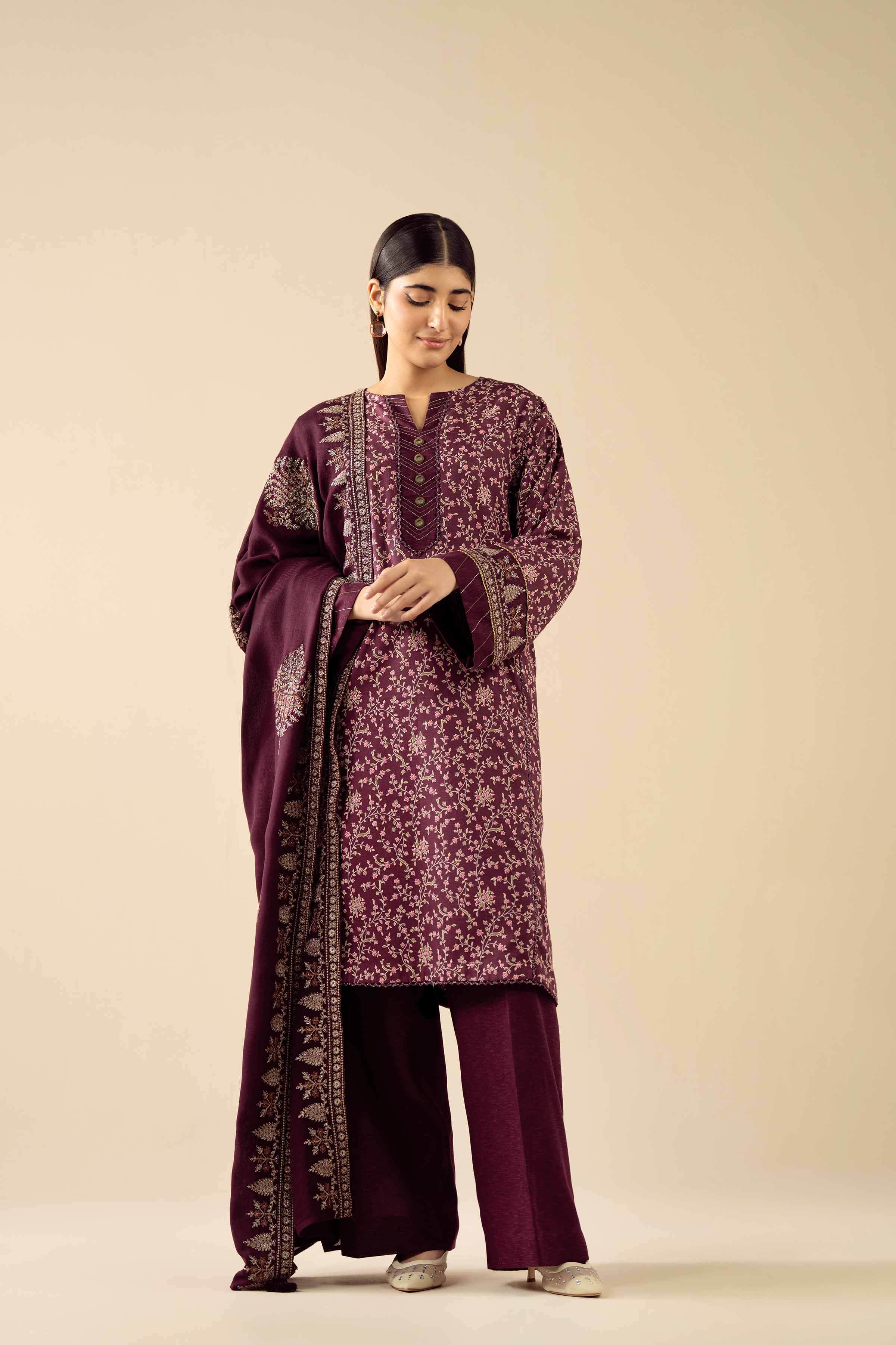 3 Piece - Printed Embroidered Suit - PW25-429 - Image 5