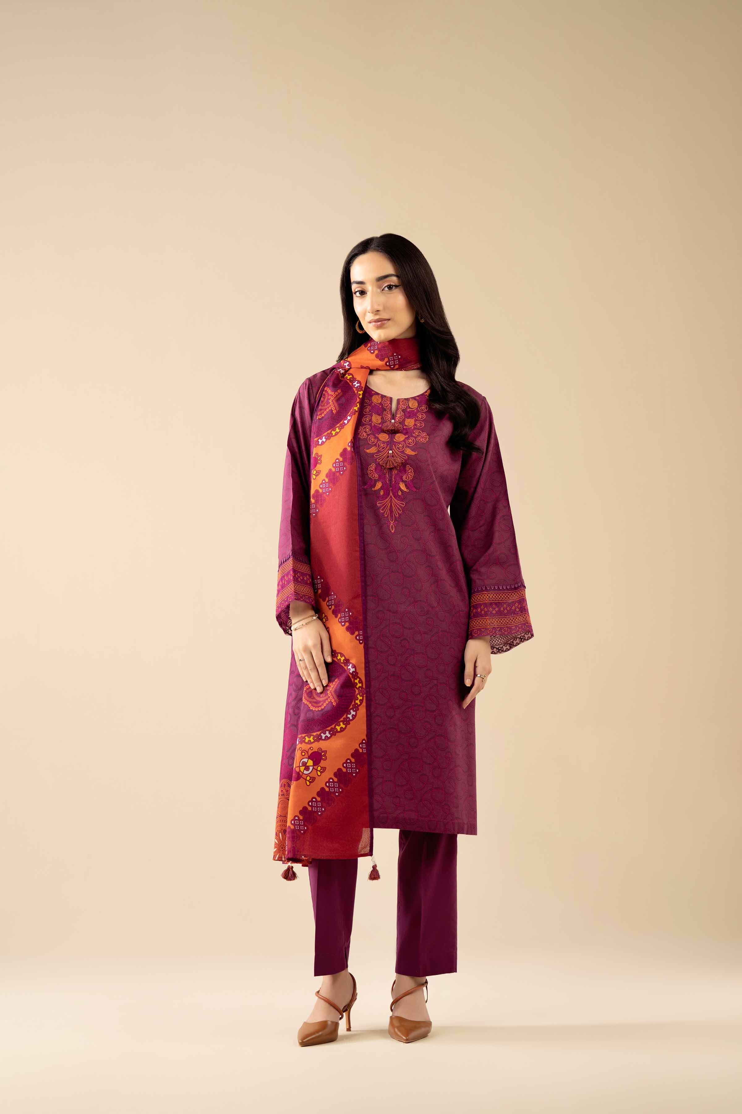 3 Piece - Printed Embroidered Suit - PW25-464 - Image 5