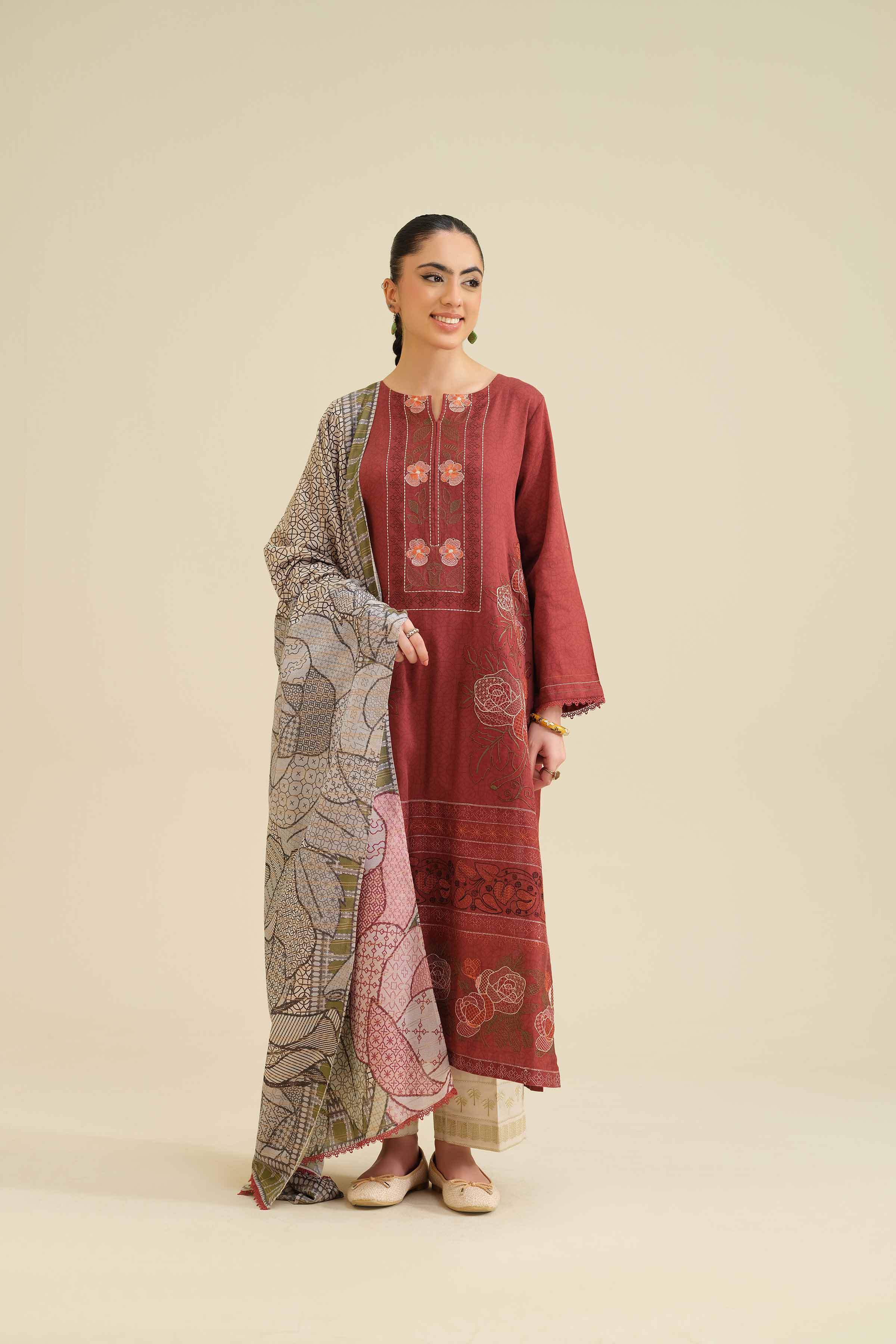 2 Piece - Printed Embroidered Suit - PW25-74 - Image 6