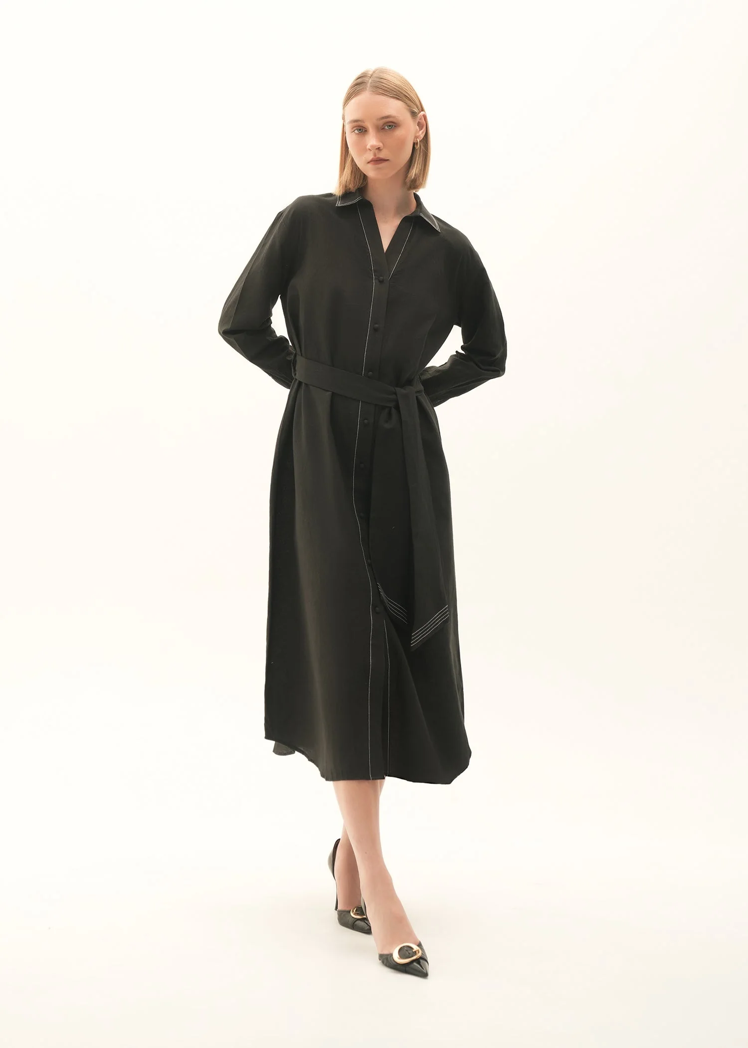 Flared Dress With Contasting Top-Stitches - KOA - Image 3