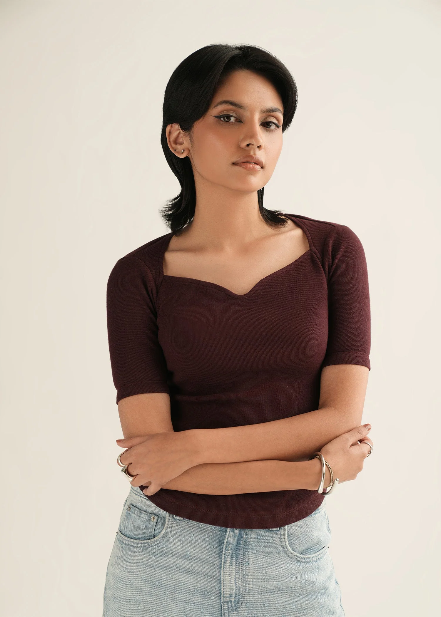 Ribbed Sweetheart Neckline Top - KOA