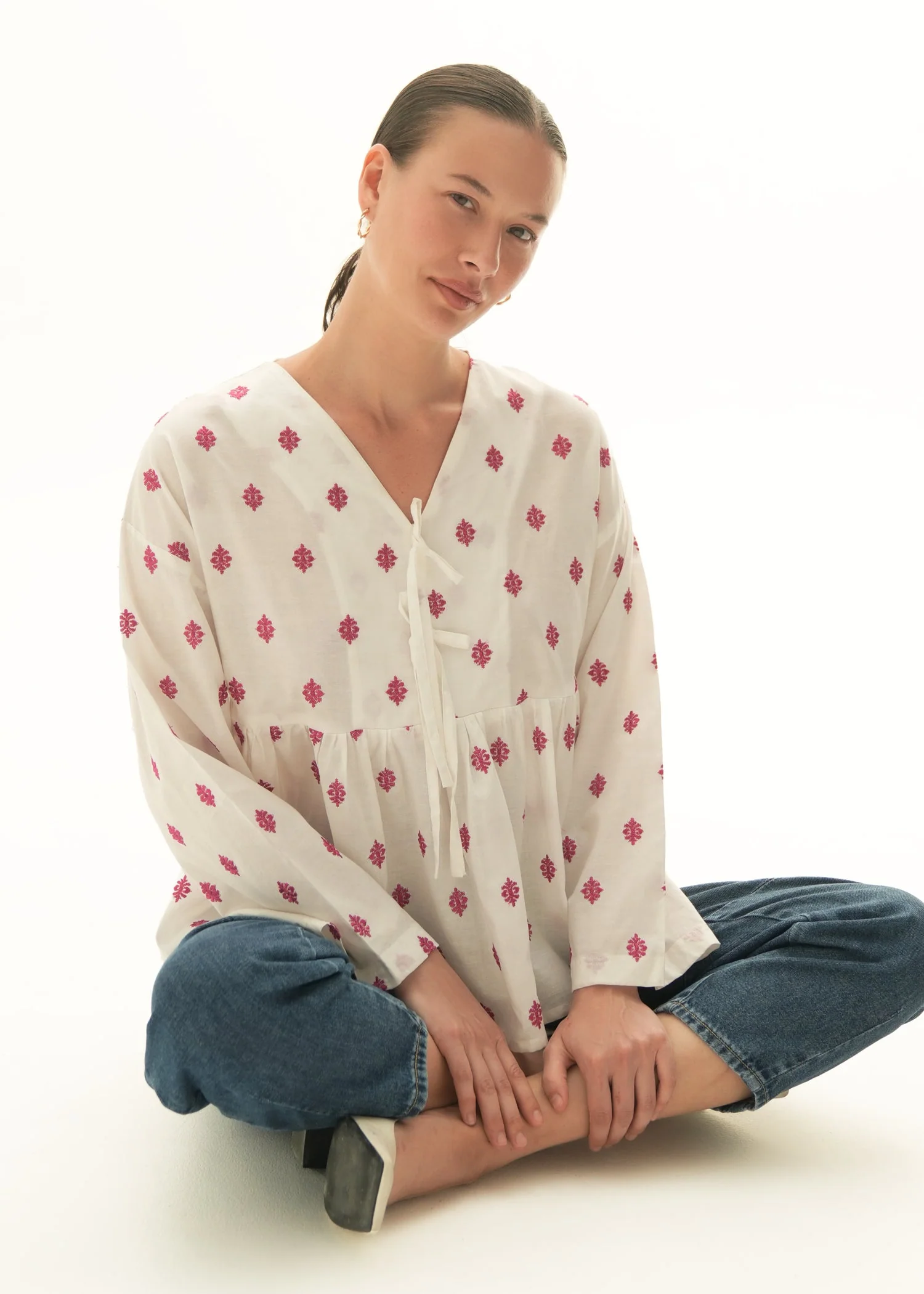 Embroidered Flared Cotton Top - KOA - Image 3
